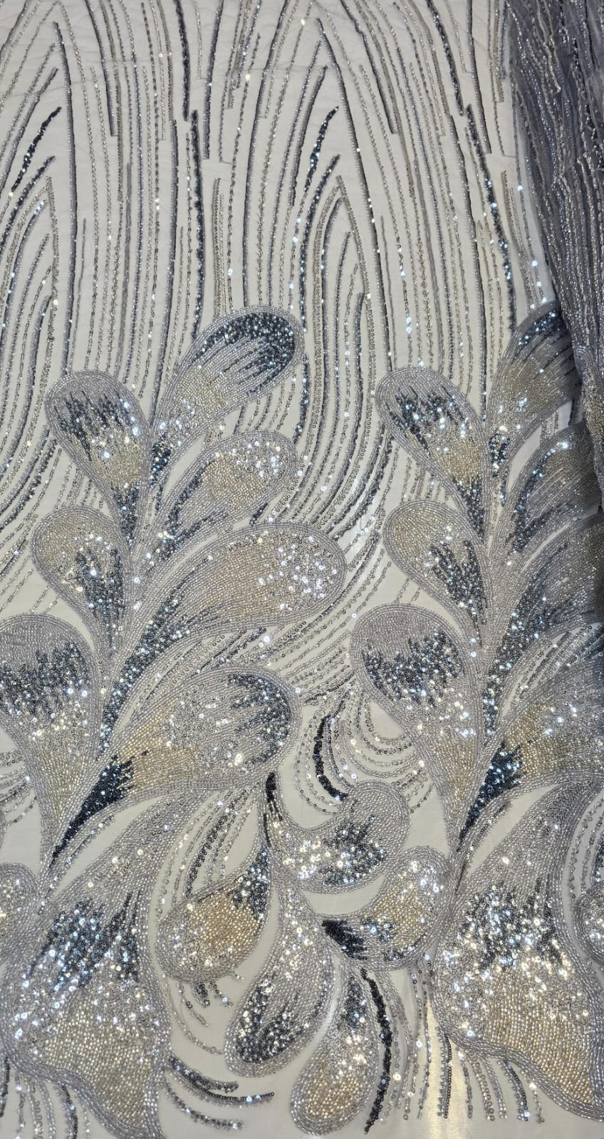 Tule Bordado com Pedrarias Premium Prata Multicolor HT70519