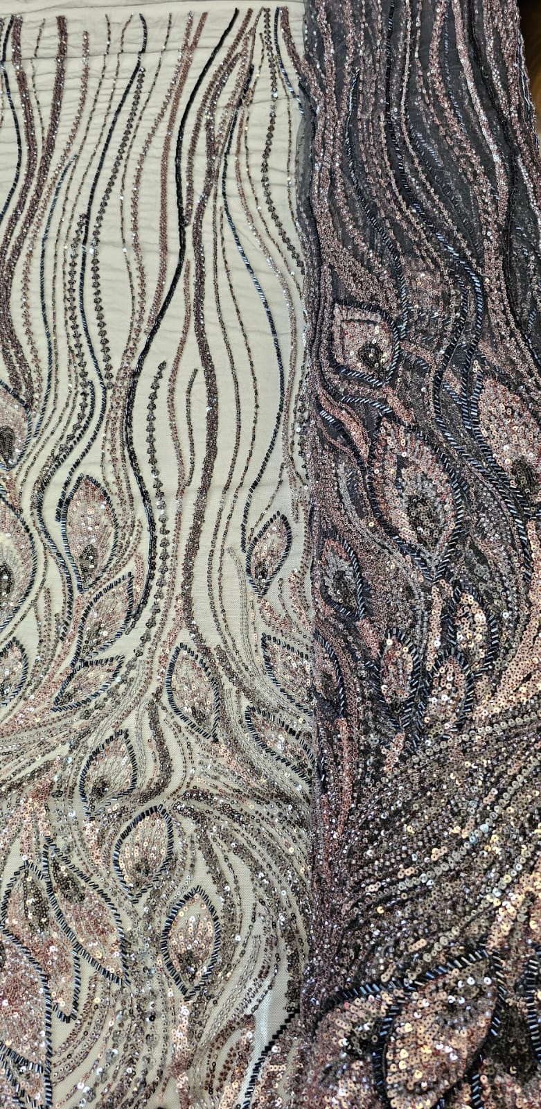 Tule Bordado com Pedrarias Premium Rosê Gold com Cinza Chumbo Multicolor Modelo HT98370 