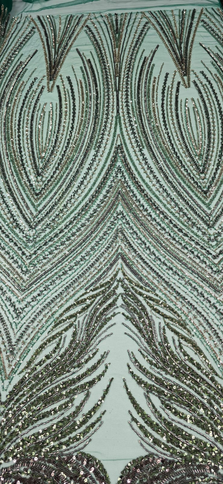 Tule Bordado com Pedrarias Premium Verde com Marrom Multicolor HT70580