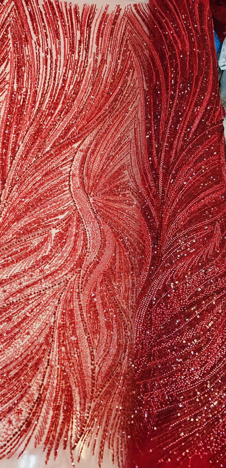 Tule Bordado com Pedrarias Premium Vermelho Cereja  HT97424