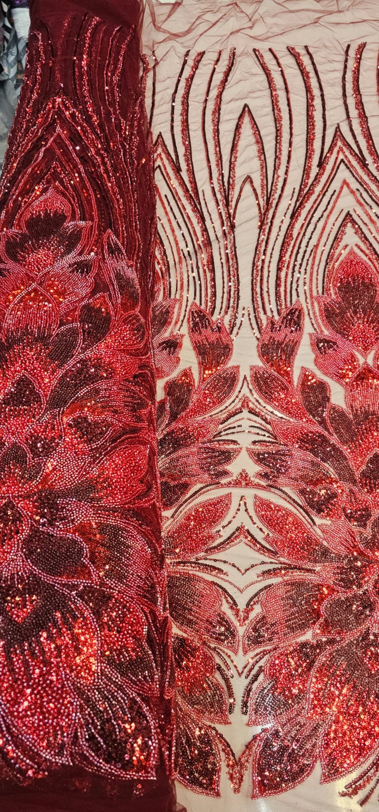 Tule Bordado com Pedrarias Premium Vermelho com Marsala  HT70523 