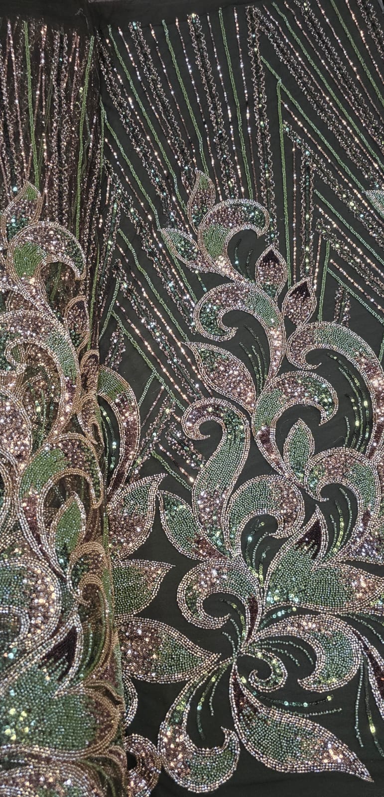 Tule Bordado com Pedrarias Verde com Rosê Gold Multicolor HT70522