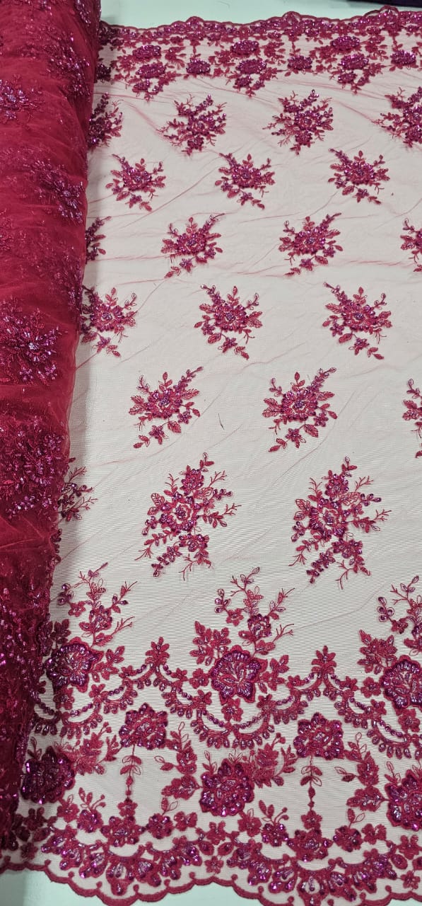 Tule Bordado Coreano Bicolor Pink com Fúcsia Com Pedrarias 