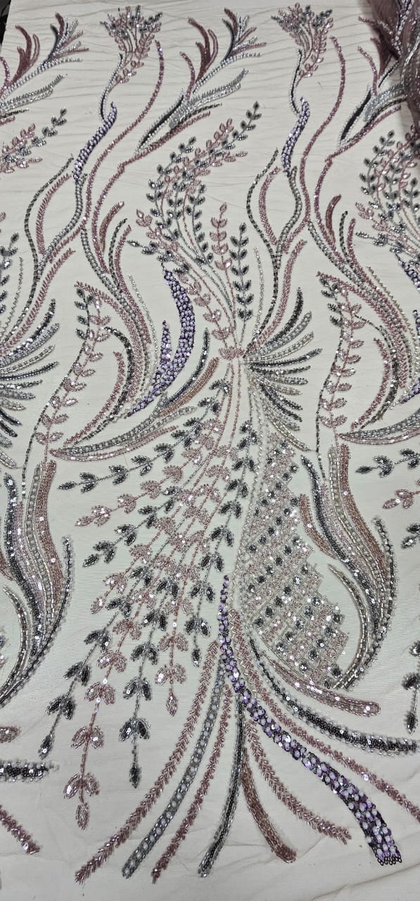 Tule Bordado Premium Rosê com Pedrarias Multicolor Lavanda e Cinza F932