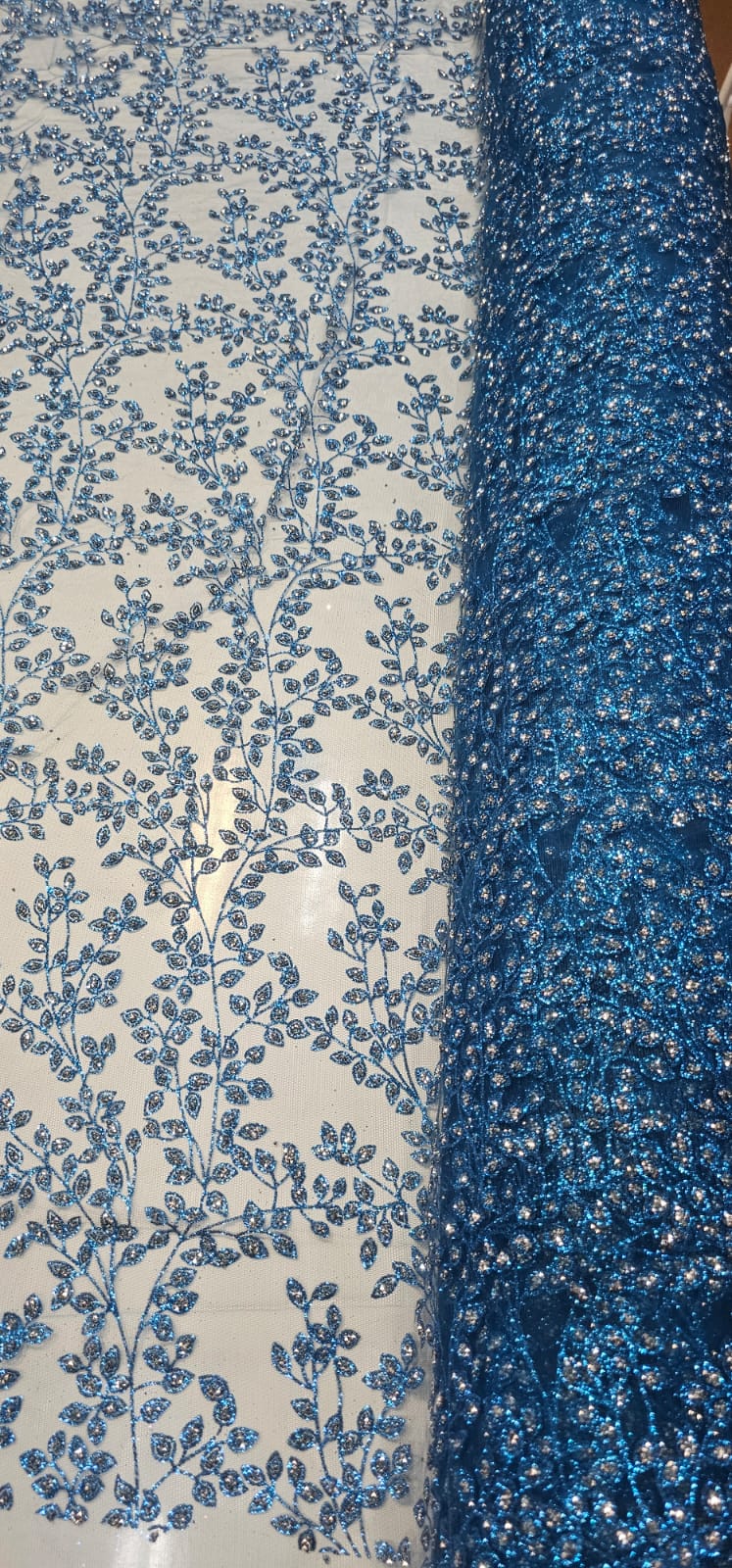 Tule com Glitter Diamond Flores e Galhos Azul Petróleo Claro