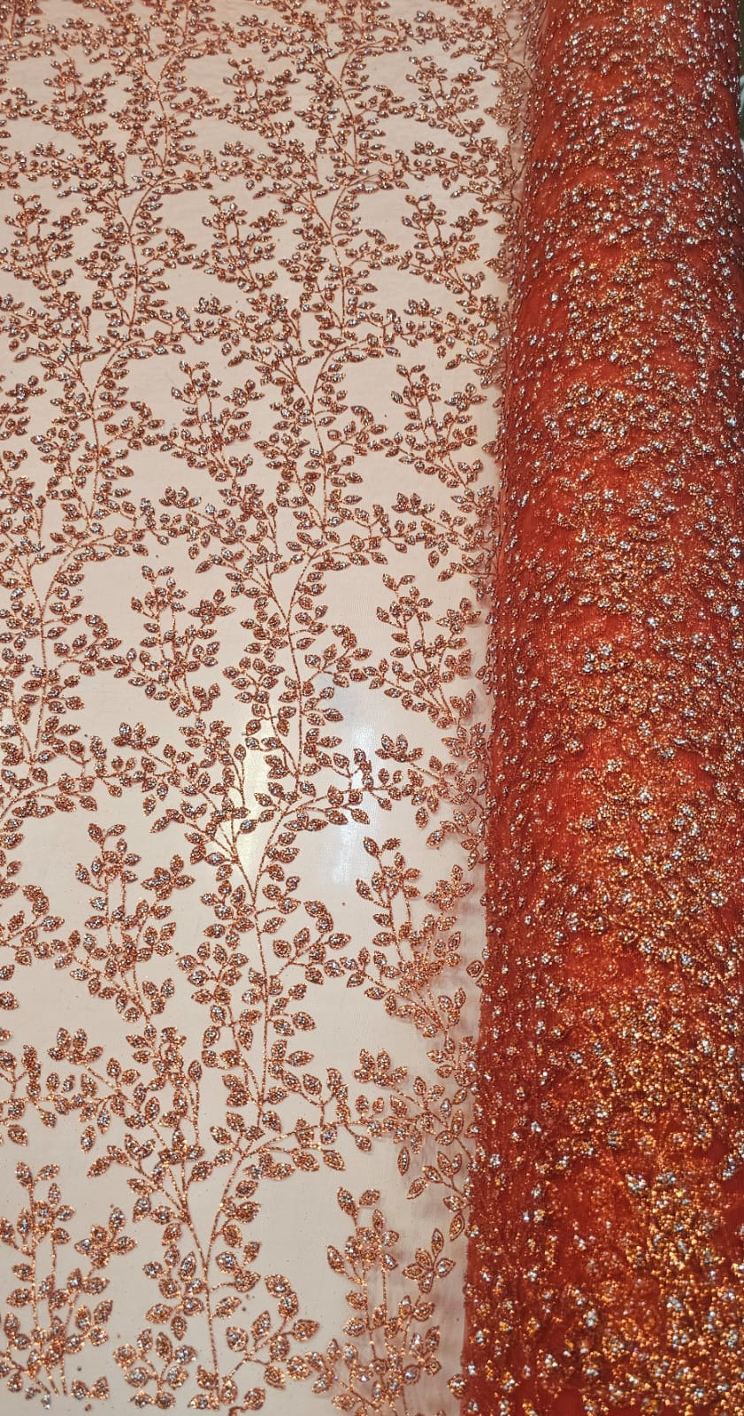 Tule com Glitter Diamond Flores e Galhos Terracota
