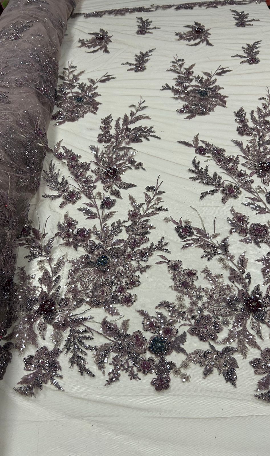Tule Rosê Bordado com Pedrarias Premium Lavanda  3D  Modelo W1F2758 