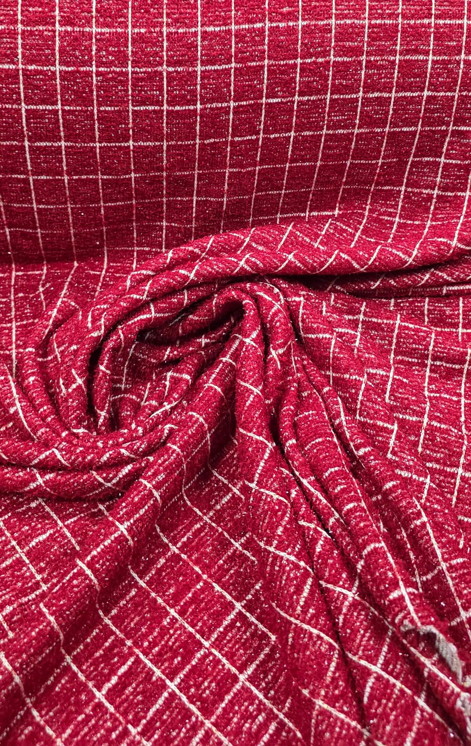 Tweed de Malha com Fio Metálico Xadrez Vermelho com Branco