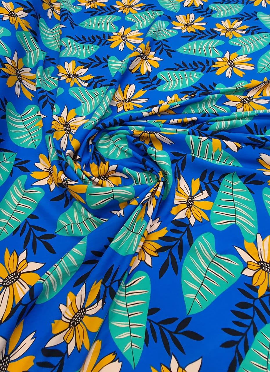 Popeline de Viscose Premium Fundo Azul com Flores Amarelas Coleção 2023